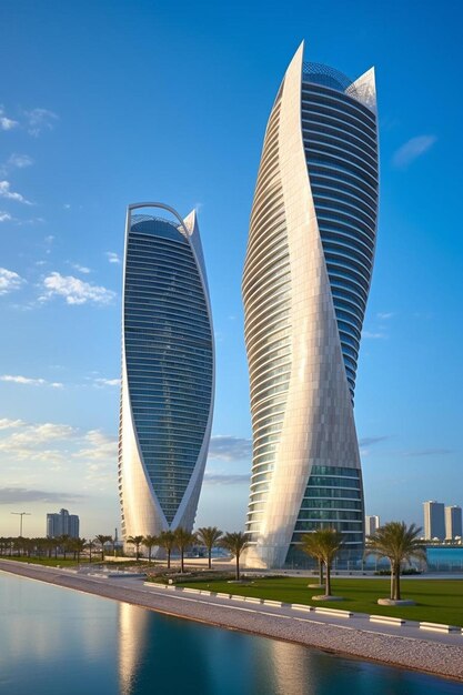 Photo two tall buildings next to a body of water