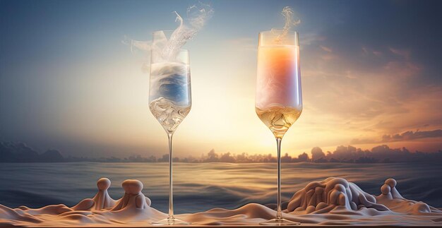 Foto due alti bicchieri di liquido con cerchi ghiacciati nello stile di vacanza dadcore