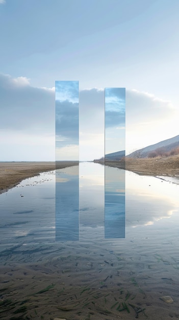 Photo two tall reflective towers on a beach