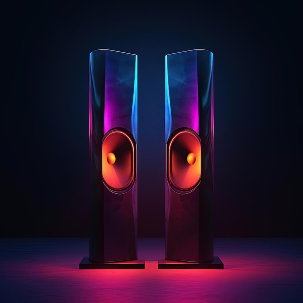 two tall speakers with lights on them