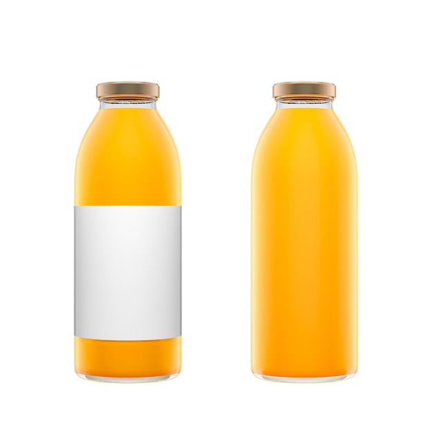 Two tall transparent glass bottles with label filled by orange juice isolated over white background. 3d rendering illustration.