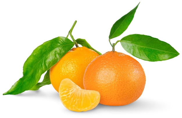 Two tangerines with leaves and one peeled segment isolated on white background