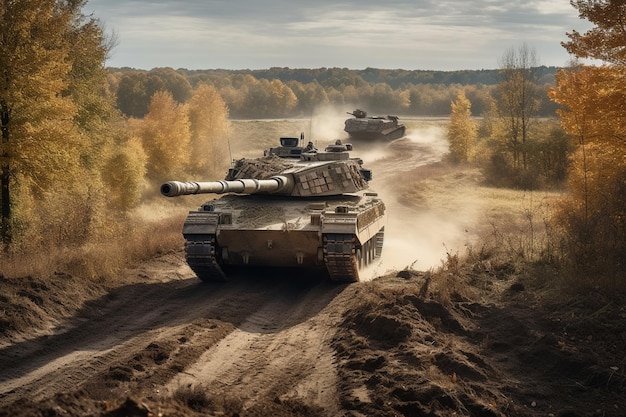 Two tanks are driving on a dirt road.