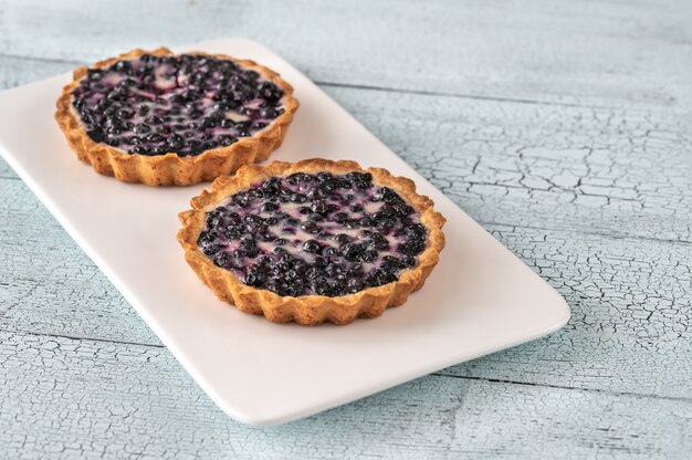 Photo two tartlets with fresh blueberries and sour-cream filling