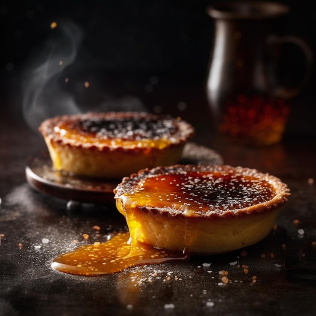 Two tarts with salted sugar on them and a mug in the background.