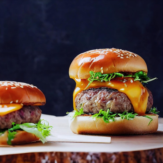 Two tasty burger on blurred background