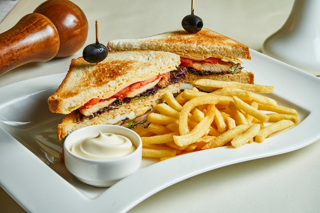 Two tasty and juicy sandwiches with chicken, cheese, tomatoes on a white plate with french fries and sauce.