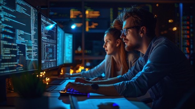 Two teammates working at computer screen