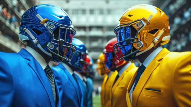 Two teams of men in football helmets stand face to face Rivalry concept