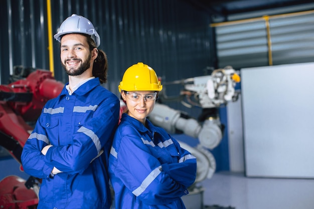 Two technician man and woman engineer worker standing smile in robot arm automation assembly plant