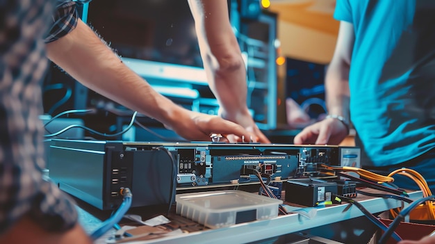 Two technicians work on a computer server They are dressed in casual clothes The server is on a table