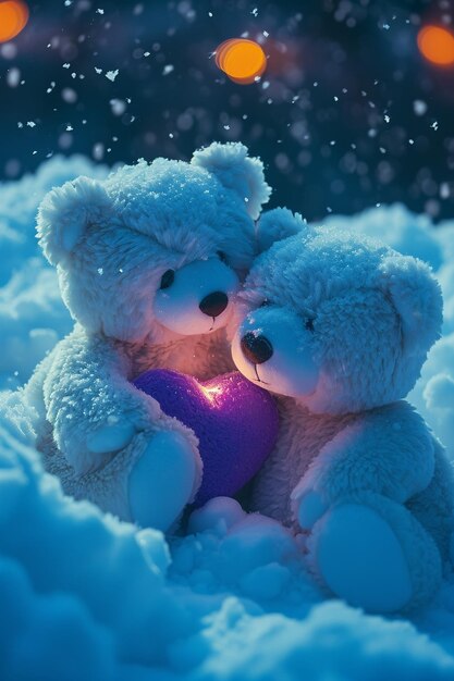 Photo two teddy bear hold a lovely heart in the snow