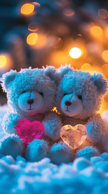 Two teddy bear hold a lovely heart in the snow