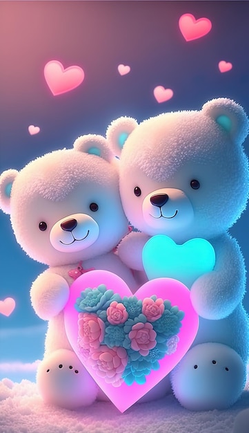two teddy bears are holding flowers and one has a pink heart in the background.