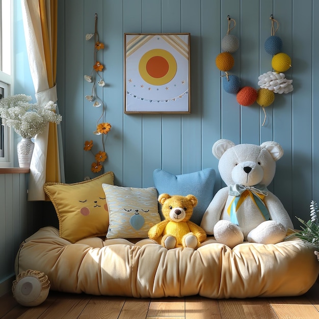 Two teddy bears are seated on a comfortable couch in a welllit room The room is cozy with a warm amb