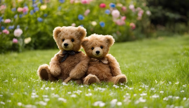 Photo two teddy bears are sitting in the grass one of which is a teddy bear