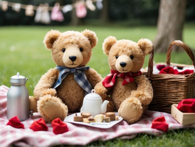 two teddy bears sitting on a blanket with a tea pot and a basket