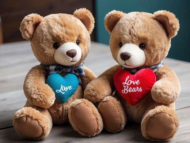 Photo two teddy bears sitting next to each other with a heart on their chest