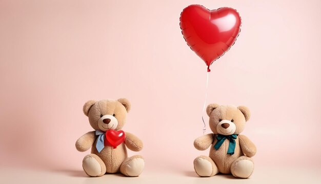 Two teddy bears with heart balloon on beige background