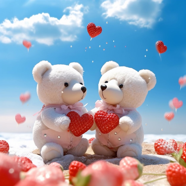 two teddy bears with hearts that say love