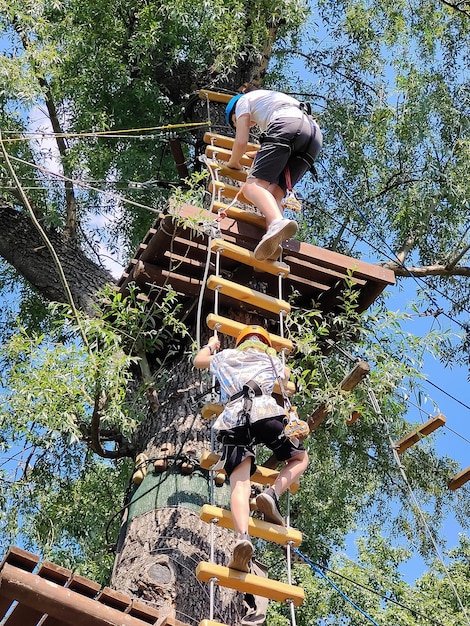 Two teenage boys on a rope ladder to the top of a tree in a rope park in safety ammunition