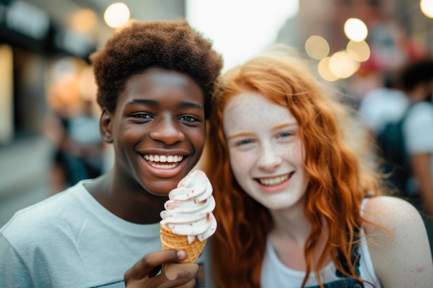 Photo two teenage friends a redhaired girl an africanamerican boy they are eating an ice cream