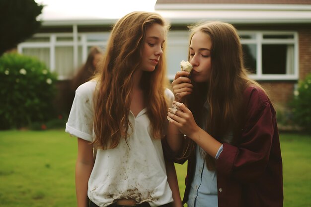 Two teenage girls eating ice cream together outdoors