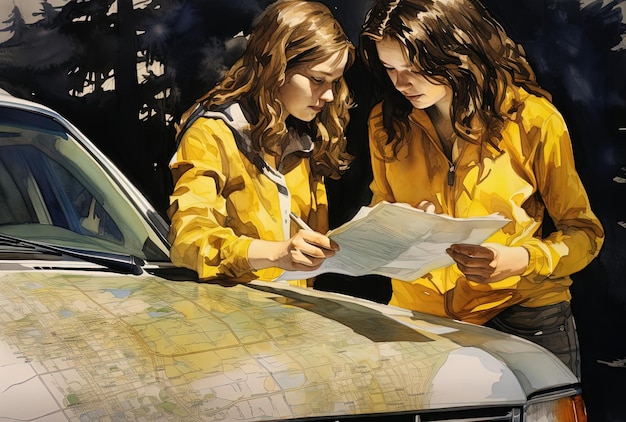 two teenage girls holding one with a map and the other on top of her car