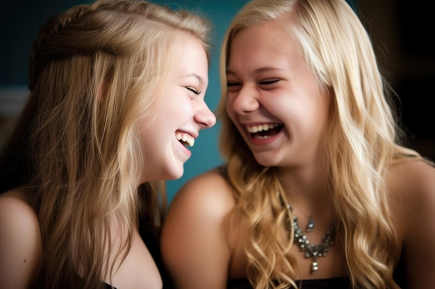 Two teenage girls laughing and enjoying their prom