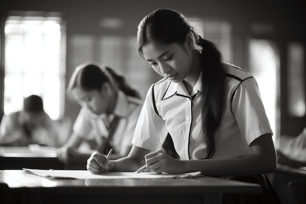 two teenage girls writing in a classroom in the style of thai art strong emotional impact light