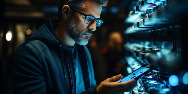 Photo two teenage technicians are seen using tablets while working in a server room