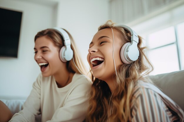 Две подруги-подростки в доме слушают музыку в наушниках