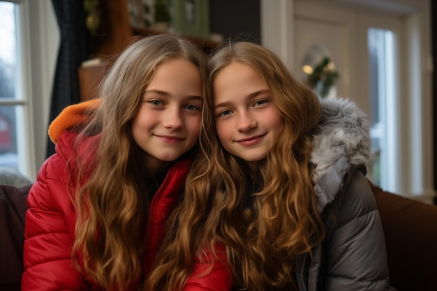 Photo two teenager girl friends in a house in winter clothes