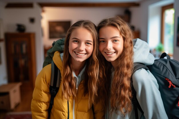 Two teenager girl friends in a house with mountaineer backpack