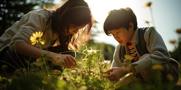 写真 2人のティーンエイジャーは ⁇ 光の花と自然のモチーフを生み出すaiの遊びのスタイルで植物を見ています