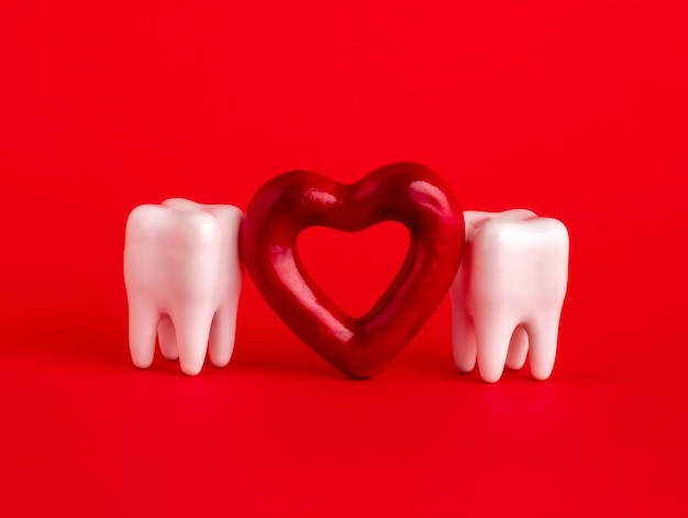 Photo two teeth and red heart on red background oral care and st valentines day concept