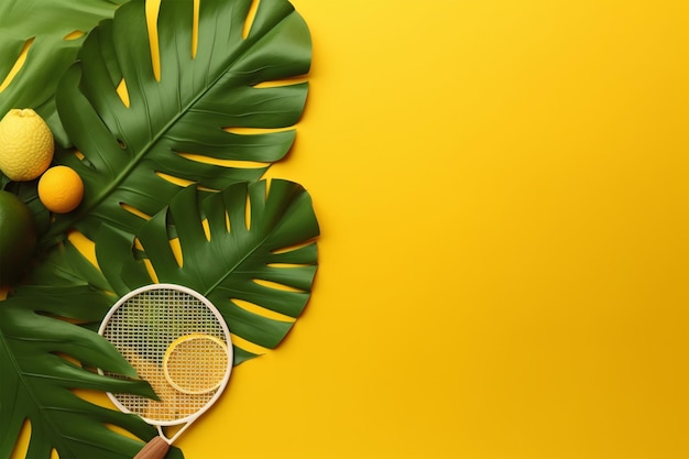 노란색 배경에 있는 두 개의 테니스 라켓과 바나나 잎 Generative ai