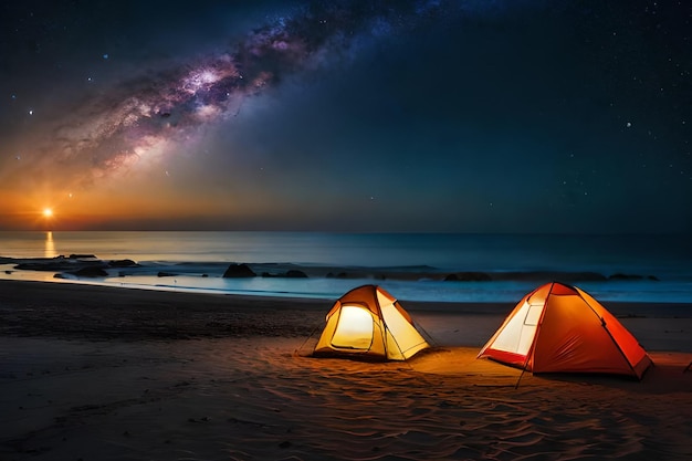 Two tents on a beach under a night sky with the milky way in the background.