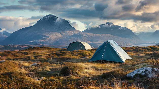 Two Tents pitched up in the Highlands Camping Active Lifestyle Concept