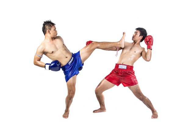 Two thai boxers exercising traditional martial art, Isolated on white background