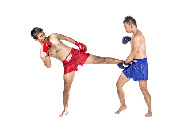 Two thai boxers exercising traditional martial art, Isolated on white background