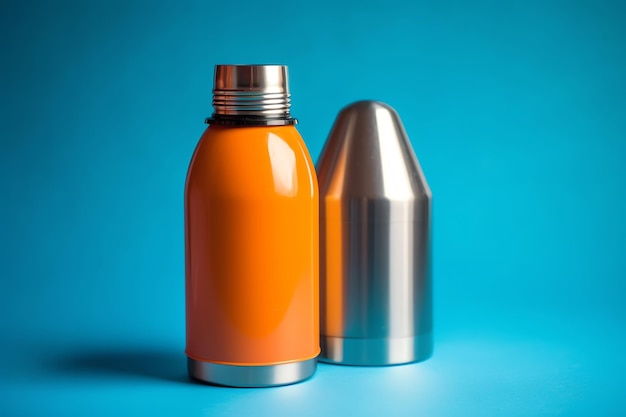 Two thermos bottle with blue background