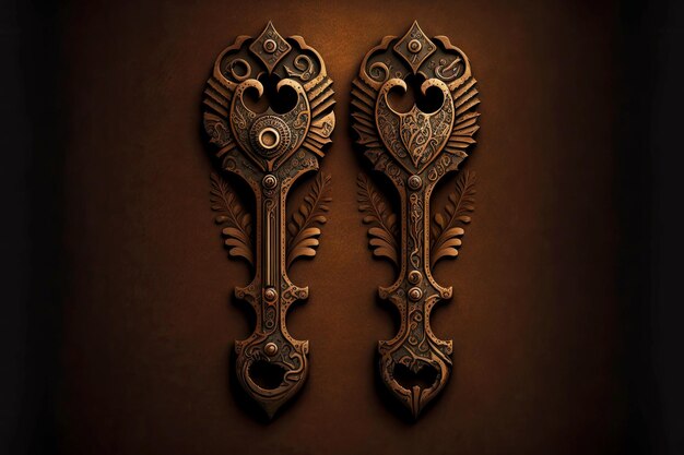 Two thin vintage wrenches with decorated heads on dark brown background