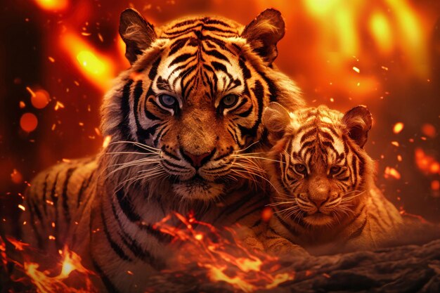 Two tigers briskly walk in front of a raging fire symbolizing their escape from a dangerous forest blaze