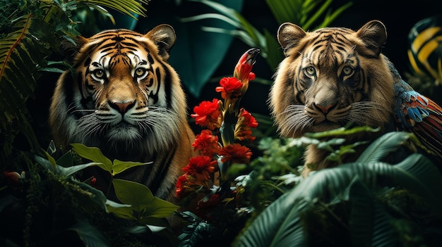 Two Tigers in Jungle Amid Plants and Flowers