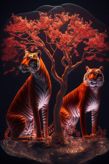 Two tigers sitting next to each other under a tree generative ai