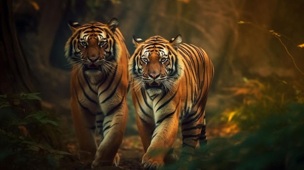 Two tigers walking in the forest