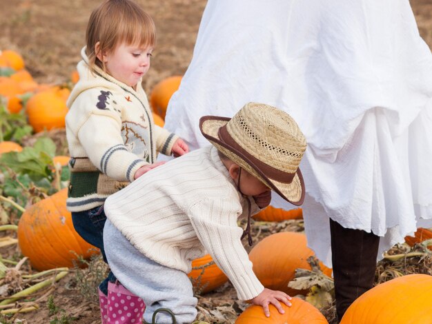 Two toddlers at the pumpkin patch.