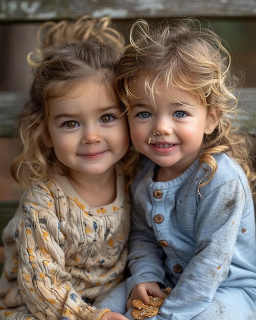 Photo two toddlers sitting together on a bench sharing wallpaper