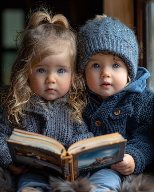 Photo two toddlers sitting together in a cozy wallpaper